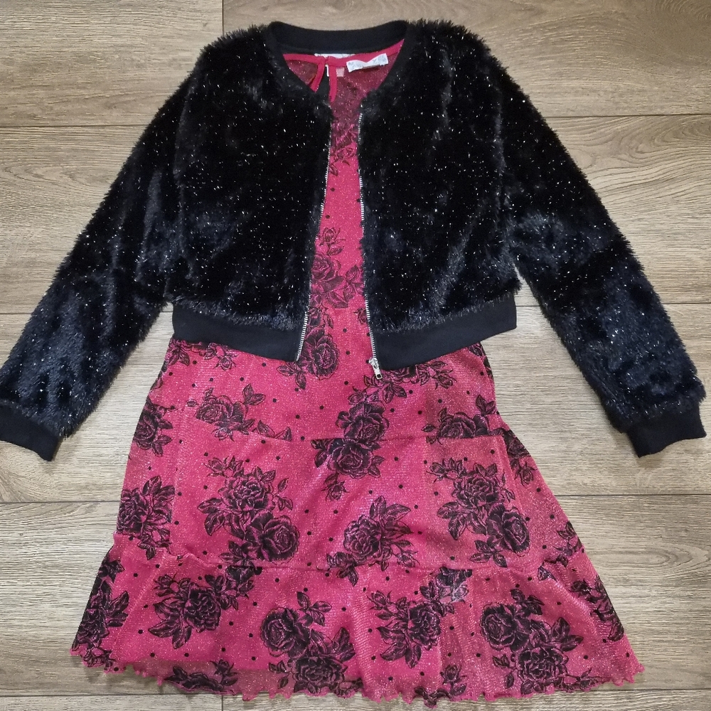 ​Knit Works Girls Red Black Floral Metallic Mesh Dress Set 14 1/2 Plus